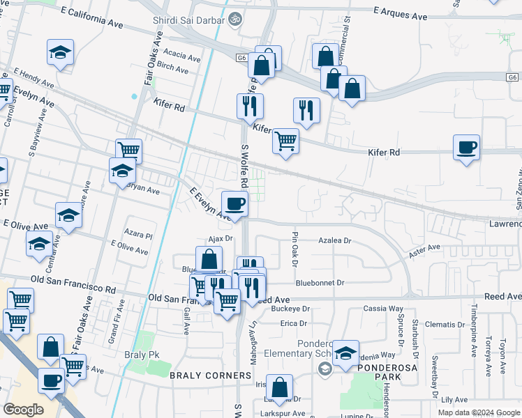 map of restaurants, bars, coffee shops, grocery stores, and more near 243 Peppermint Tree Terrace in Sunnyvale