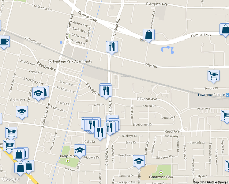 map of restaurants, bars, coffee shops, grocery stores, and more near in Sunnyvale