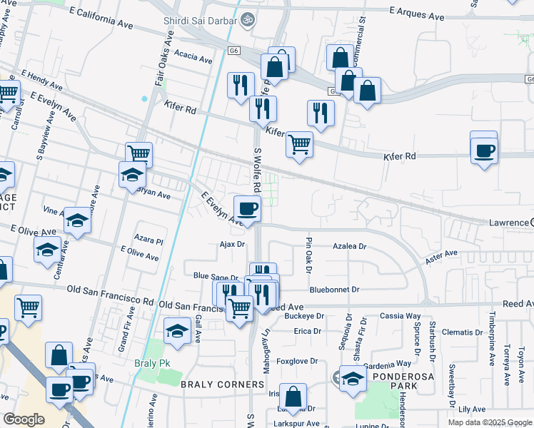 map of restaurants, bars, coffee shops, grocery stores, and more near in Sunnyvale