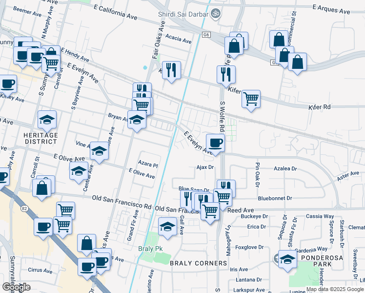 map of restaurants, bars, coffee shops, grocery stores, and more near 168 Holly Terrace in Sunnyvale