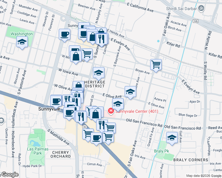 map of restaurants, bars, coffee shops, grocery stores, and more near 445 South Bayview Avenue in Sunnyvale