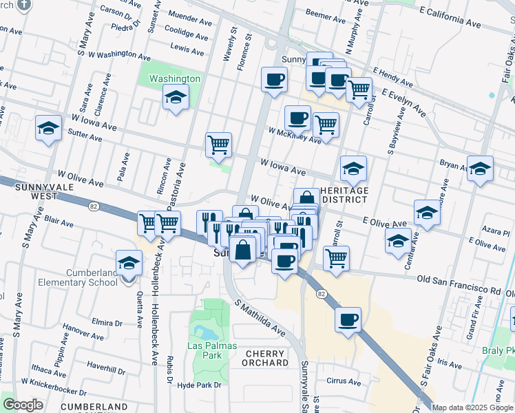 map of restaurants, bars, coffee shops, grocery stores, and more near 364 West Olive Avenue in Sunnyvale