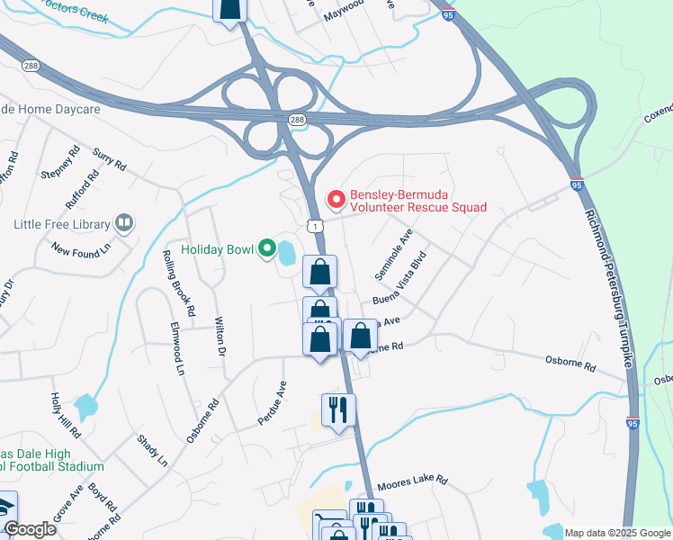 map of restaurants, bars, coffee shops, grocery stores, and more near 11501 Jefferson Davis Highway in Chester