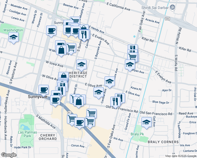 map of restaurants, bars, coffee shops, grocery stores, and more near 450 Vine Avenue in Sunnyvale