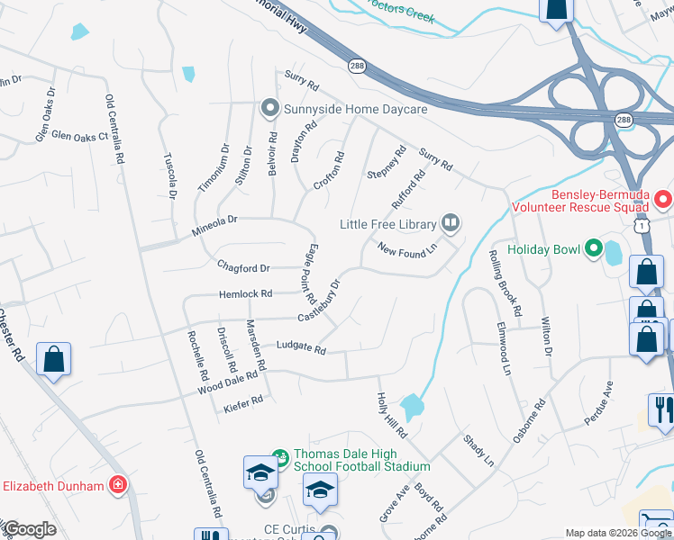 map of restaurants, bars, coffee shops, grocery stores, and more near 3420 Castlebury Drive in Chester