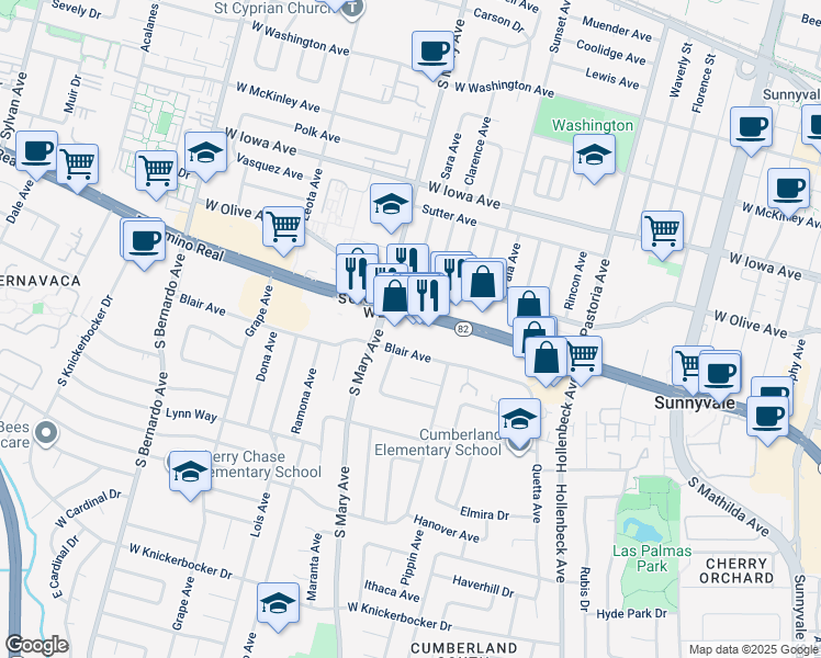 map of restaurants, bars, coffee shops, grocery stores, and more near 970 West El Camino Real in Sunnyvale