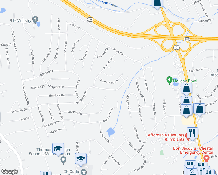 map of restaurants, bars, coffee shops, grocery stores, and more near 3230 Castlebury Drive in Chester