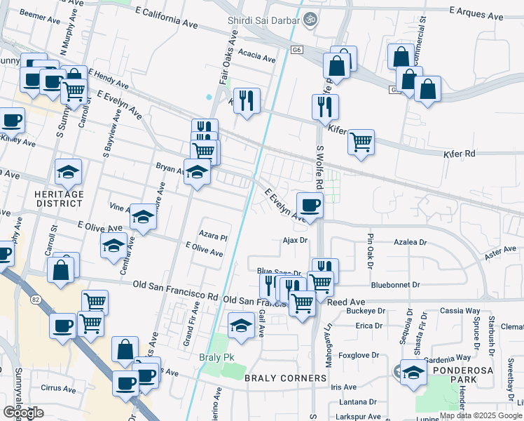 map of restaurants, bars, coffee shops, grocery stores, and more near 168 Holly Terrace in Sunnyvale