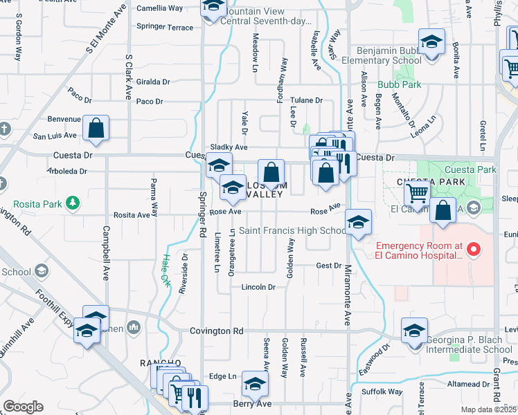 map of restaurants, bars, coffee shops, grocery stores, and more near 1774 Walnut Drive in Mountain View