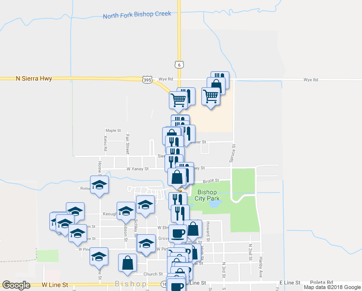 map of restaurants, bars, coffee shops, grocery stores, and more near 970 North Main Street in Bishop