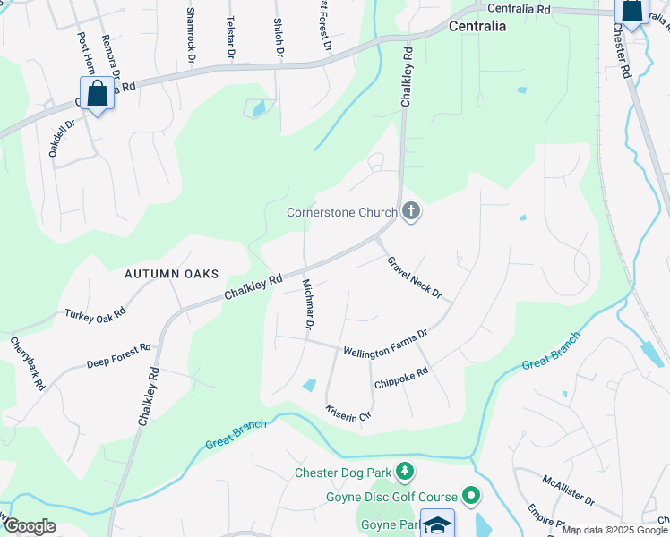 map of restaurants, bars, coffee shops, grocery stores, and more near 10619 Michmar Drive in Chester