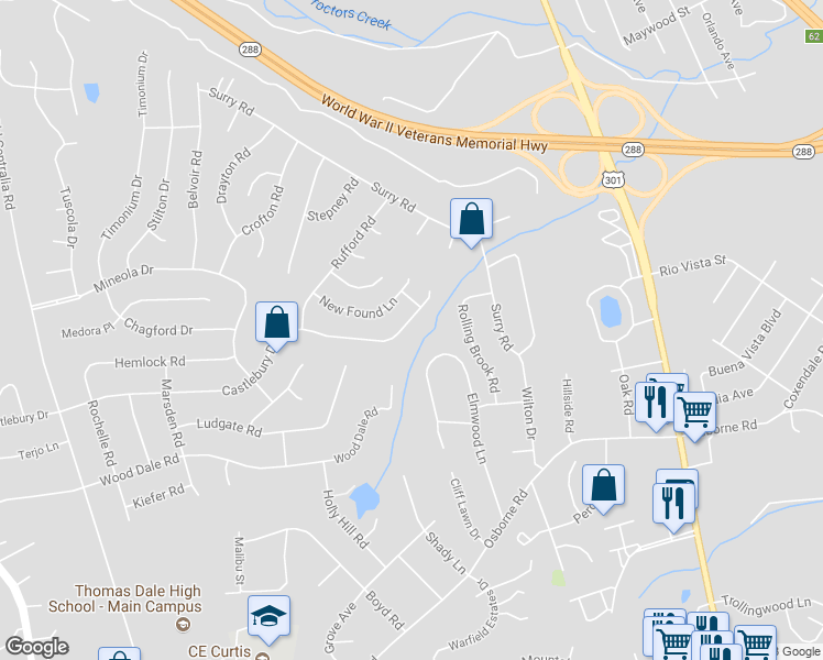 map of restaurants, bars, coffee shops, grocery stores, and more near 3117 Castlebury Drive in Chester