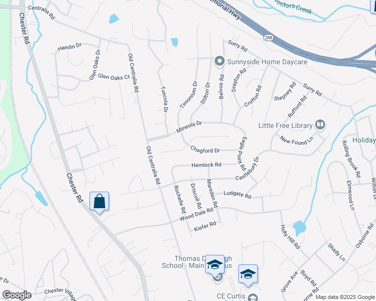 map of restaurants, bars, coffee shops, grocery stores, and more near 3635 Chagford Drive in Chester