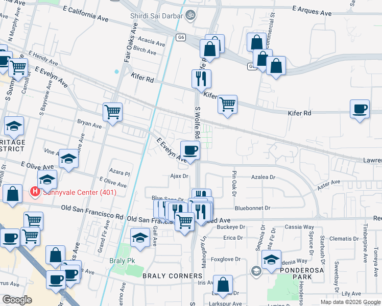 map of restaurants, bars, coffee shops, grocery stores, and more near 829 East Evelyn Avenue in Sunnyvale