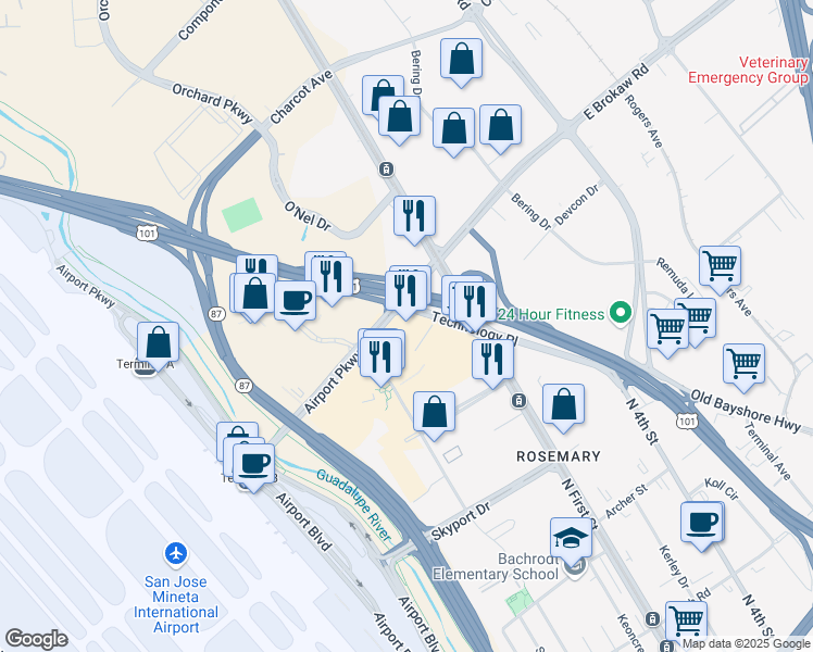 map of restaurants, bars, coffee shops, grocery stores, and more near 1887 Matrix Boulevard in San Jose