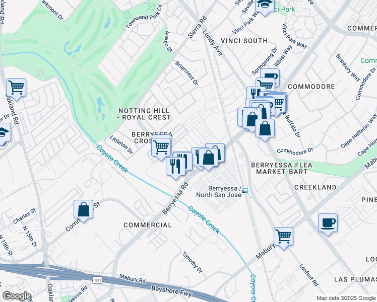 map of restaurants, bars, coffee shops, grocery stores, and more near 1011 Bellante Lane in San Jose
