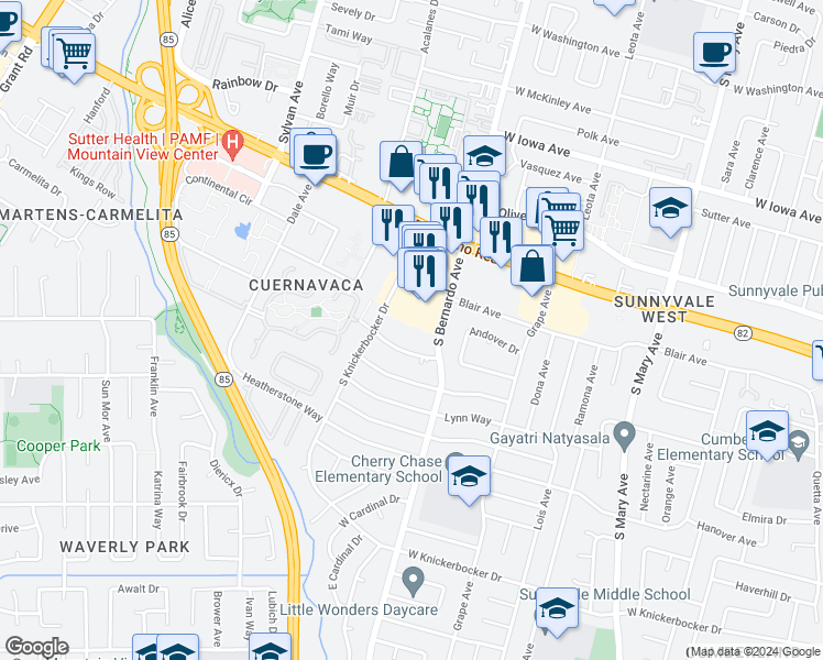 map of restaurants, bars, coffee shops, grocery stores, and more near 755 South Bernardo Avenue in Sunnyvale