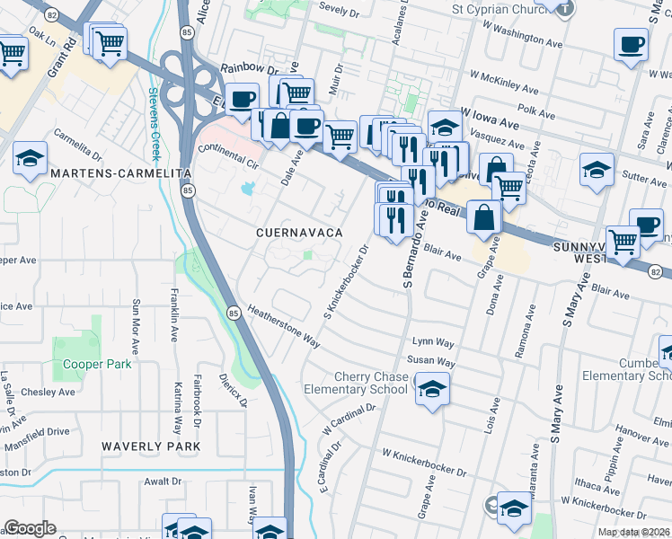 map of restaurants, bars, coffee shops, grocery stores, and more near 1149 Elena Privada in Mountain View