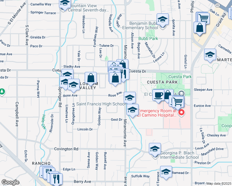 map of restaurants, bars, coffee shops, grocery stores, and more near 1808 Miramonte Avenue in Mountain View