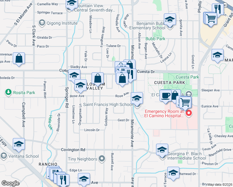 map of restaurants, bars, coffee shops, grocery stores, and more near 1116 Rose Avenue in Mountain View