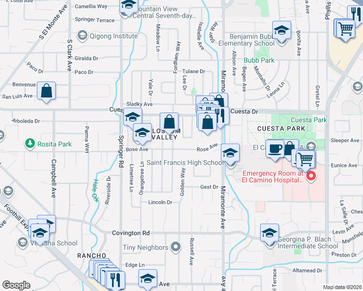 map of restaurants, bars, coffee shops, grocery stores, and more near 1238 Rose Avenue in Mountain View