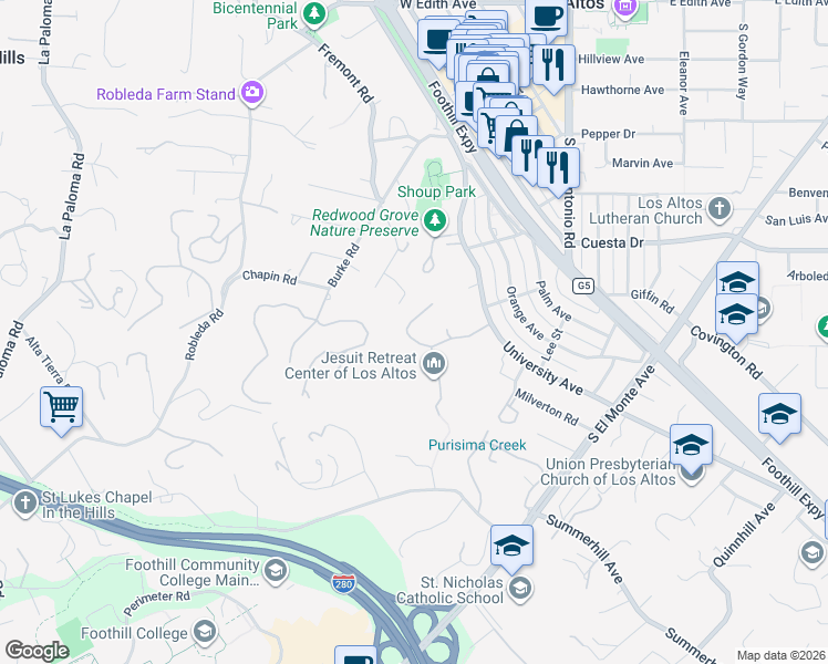 map of restaurants, bars, coffee shops, grocery stores, and more near 230 Manresa Court in Los Altos