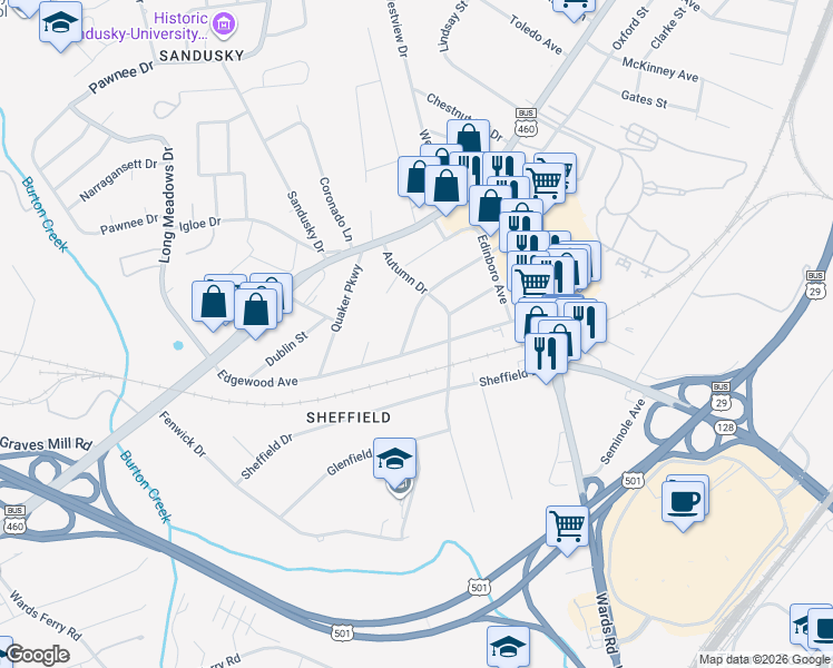 map of restaurants, bars, coffee shops, grocery stores, and more near 5729 White Oak Drive in Lynchburg