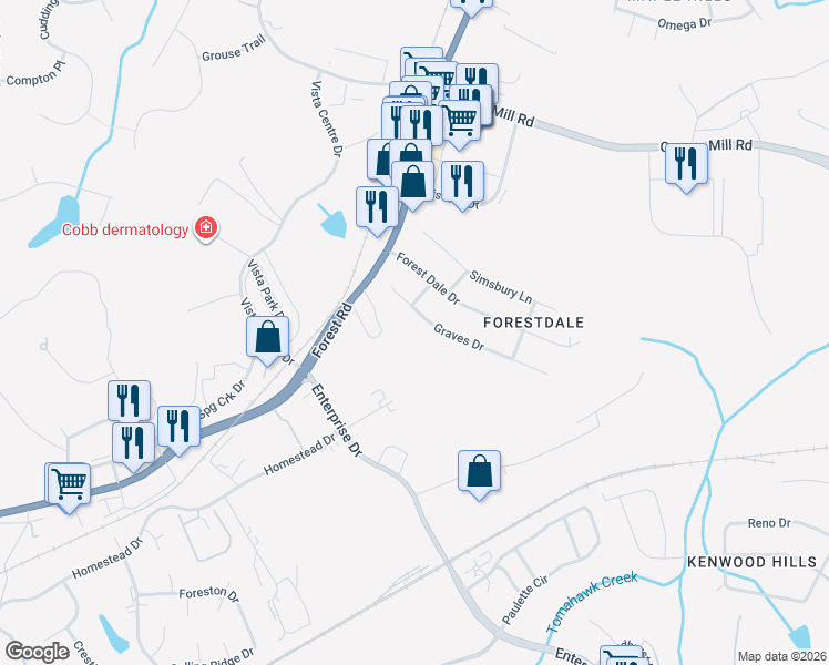 map of restaurants, bars, coffee shops, grocery stores, and more near 111 Graves Drive in Forest