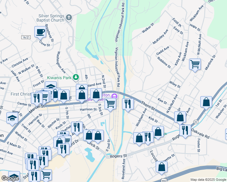 map of restaurants, bars, coffee shops, grocery stores, and more near 109 North 1st Street in Princeton