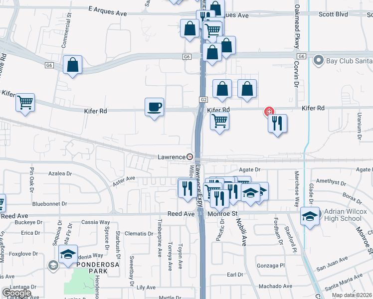 map of restaurants, bars, coffee shops, grocery stores, and more near 1178 Sonora Court in Sunnyvale