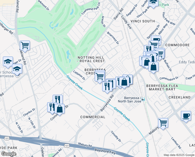 map of restaurants, bars, coffee shops, grocery stores, and more near 1368 Neleigh Place in San Jose