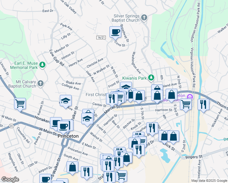 map of restaurants, bars, coffee shops, grocery stores, and more near 911 Highland Avenue in Princeton