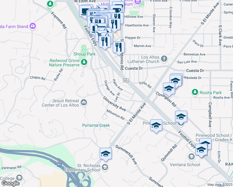 map of restaurants, bars, coffee shops, grocery stores, and more near 675 Orange Avenue in Los Altos