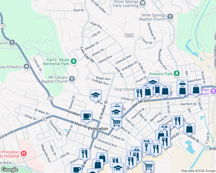 map of restaurants, bars, coffee shops, grocery stores, and more near 1305 North Walker Street in Princeton