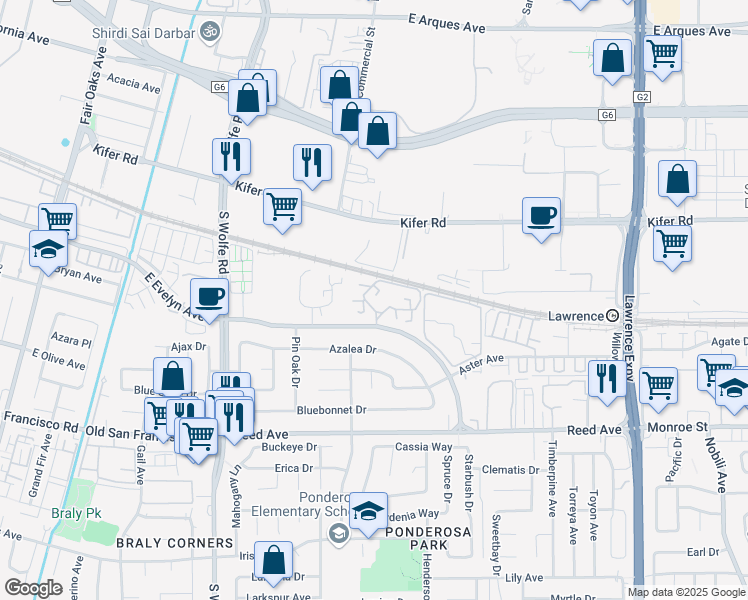 map of restaurants, bars, coffee shops, grocery stores, and more near 999 West Evelyn Terrace in Sunnyvale
