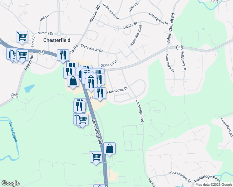 map of restaurants, bars, coffee shops, grocery stores, and more near 6384 Eagles Crest Lane in Chesterfield