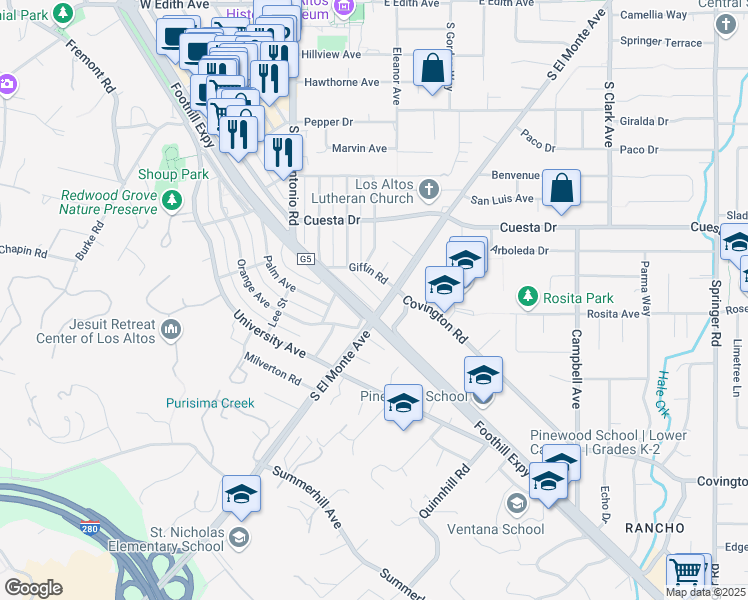 map of restaurants, bars, coffee shops, grocery stores, and more near 141 Fremont Avenue in Los Altos