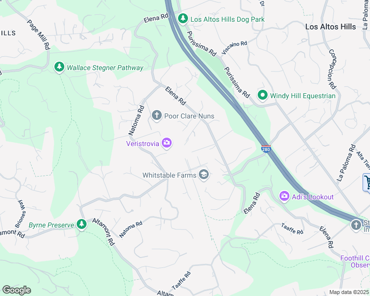 map of restaurants, bars, coffee shops, grocery stores, and more near 12169 Dawn Lane in Los Altos Hills