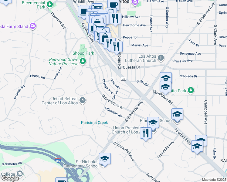 map of restaurants, bars, coffee shops, grocery stores, and more near 675 Orange Avenue in Los Altos