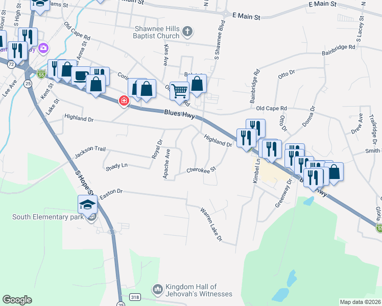 map of restaurants, bars, coffee shops, grocery stores, and more near 1127 South Shawnee Boulevard in Jackson