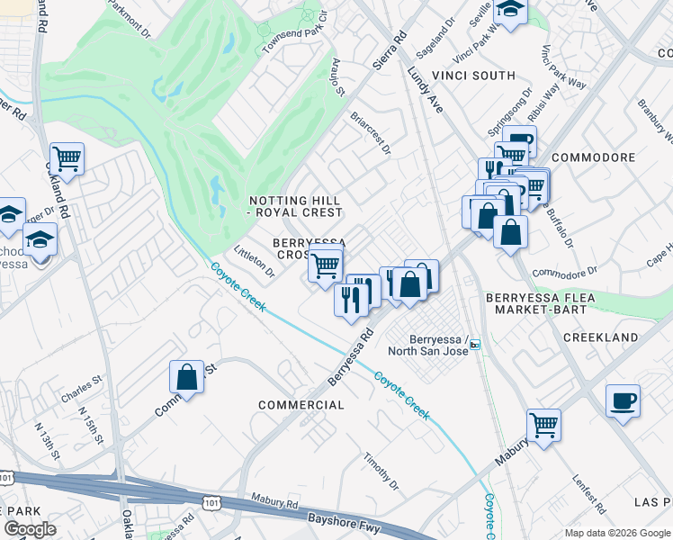 map of restaurants, bars, coffee shops, grocery stores, and more near in San Jose
