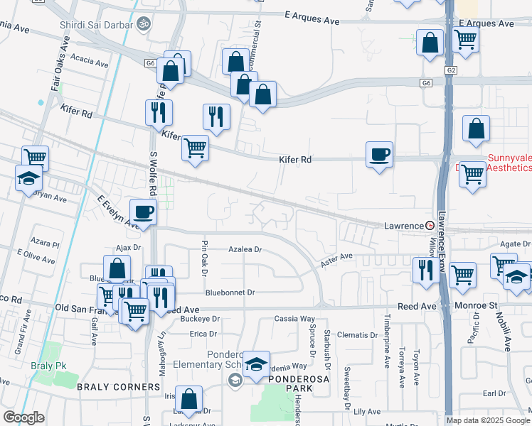 map of restaurants, bars, coffee shops, grocery stores, and more near 1001 Evelyn Terrace East in Sunnyvale