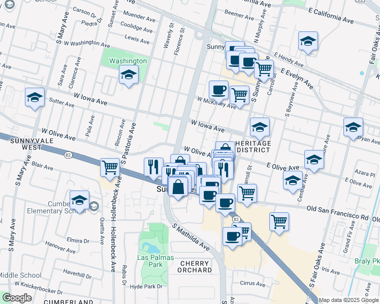 map of restaurants, bars, coffee shops, grocery stores, and more near 364 West Olive Avenue in Sunnyvale