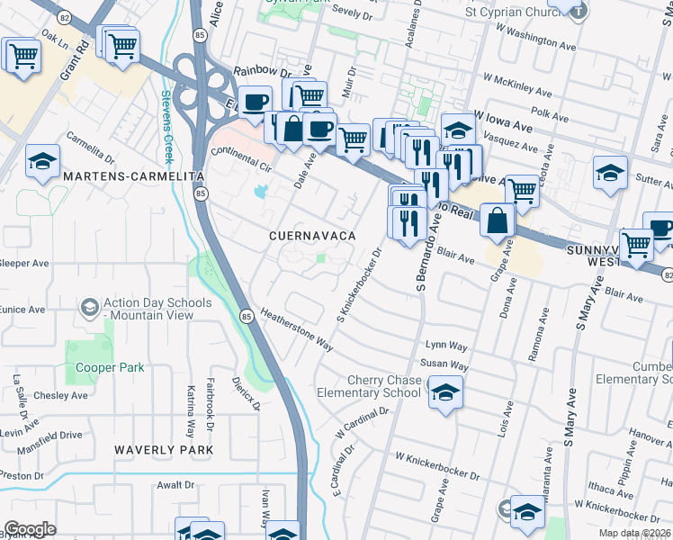 map of restaurants, bars, coffee shops, grocery stores, and more near 1149 Elena Privada in Mountain View