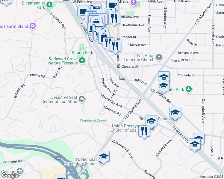map of restaurants, bars, coffee shops, grocery stores, and more near 675 Orange Avenue in Los Altos