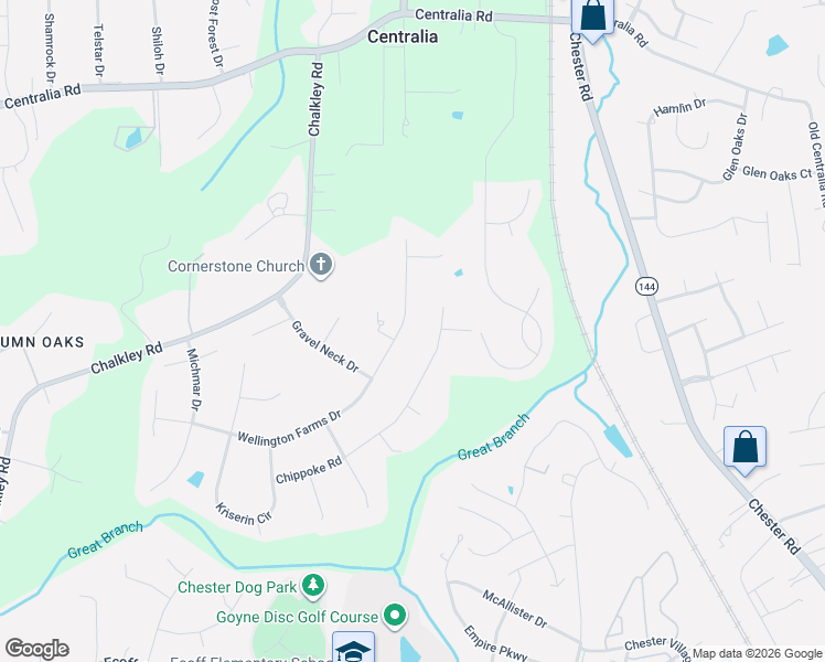 map of restaurants, bars, coffee shops, grocery stores, and more near 4543 Wellington Farms Drive in Chester