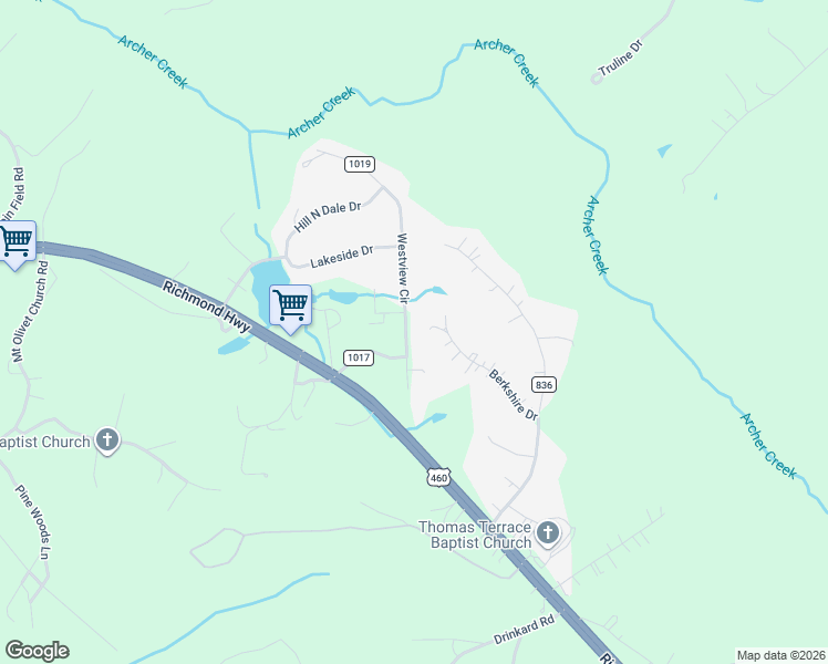 map of restaurants, bars, coffee shops, grocery stores, and more near 76-168 Westview Circle in Lynchburg