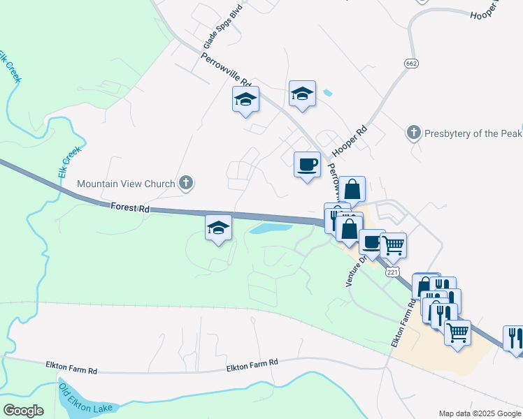 map of restaurants, bars, coffee shops, grocery stores, and more near Forest Road in Forest