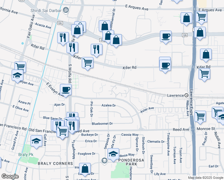 map of restaurants, bars, coffee shops, grocery stores, and more near 999 Evelyn Terrace West in Sunnyvale