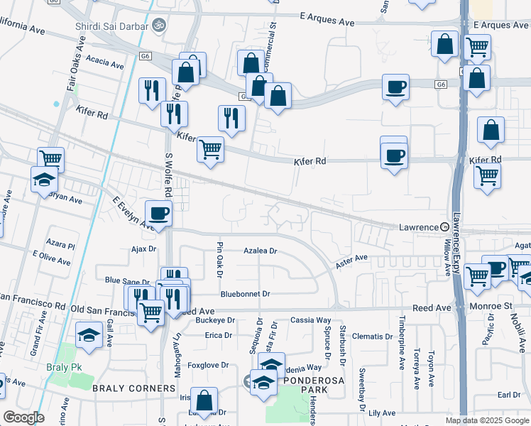 map of restaurants, bars, coffee shops, grocery stores, and more near 224 Red Oak Drive in Sunnyvale